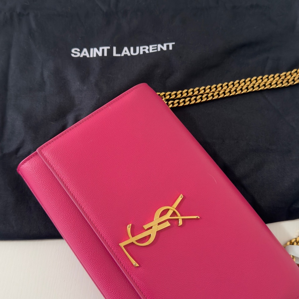Saint Laurent Fuchsia Clutch with Gold Accents